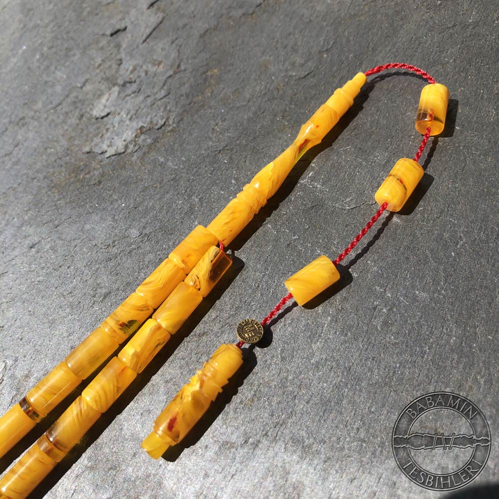 Mehmet erbabacan imzalı hareli sarı 5,5x9,5mm sıkma kehribar kesme model tesbih