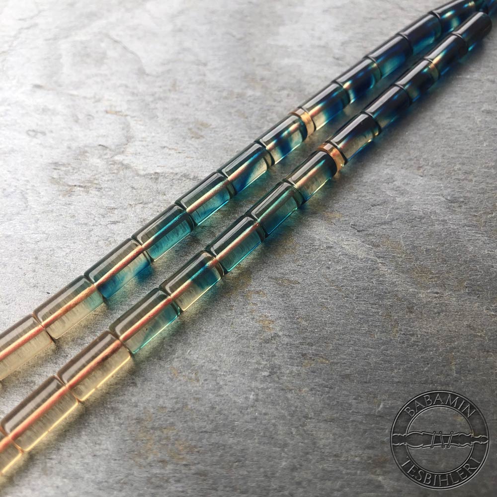 Şeffaf mavi süzme dizim 5,5x9,5mm sıkma kehribar kesme model tesbih