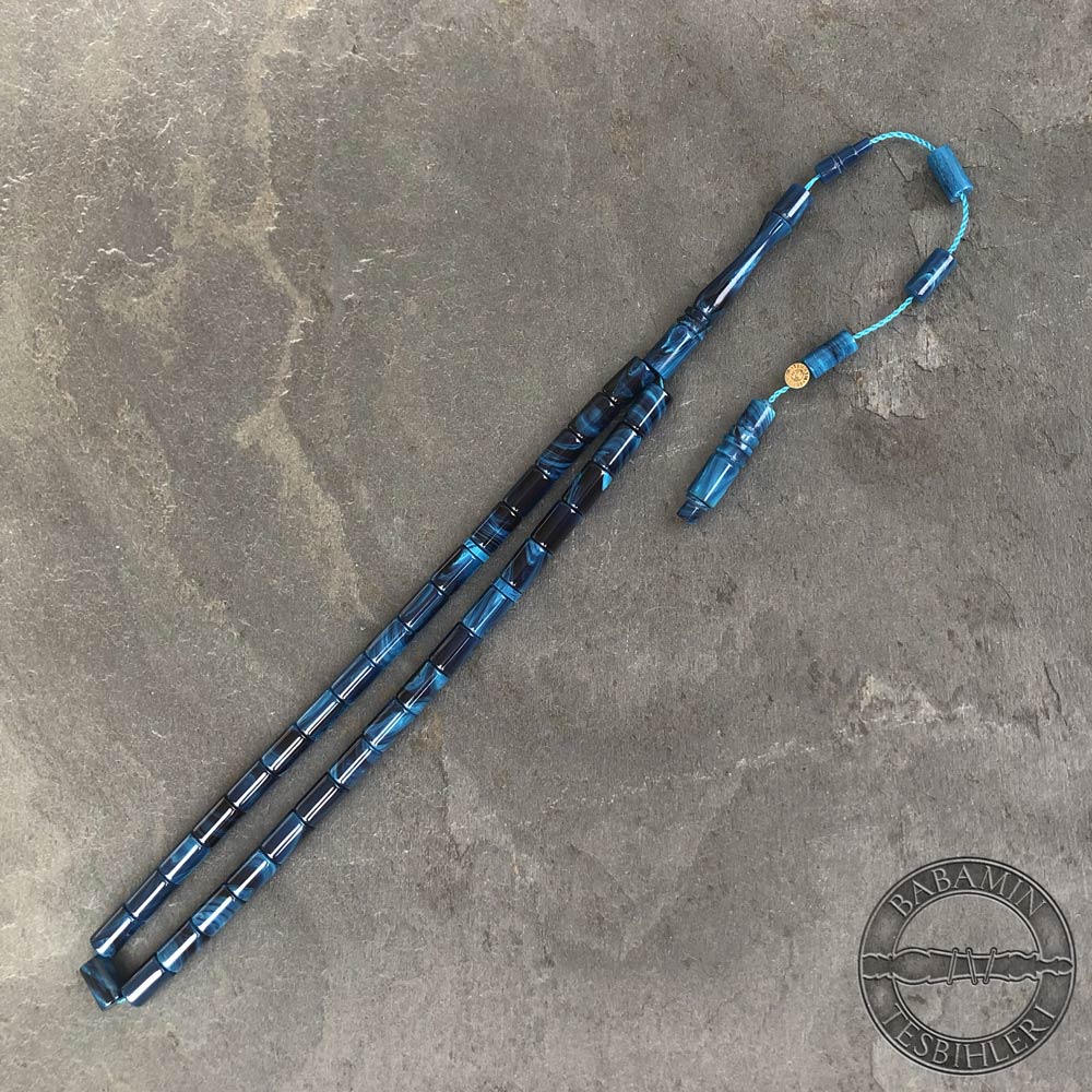 Hareli mavi 6,5×10,5mm sıkma kehribar kesme model tesbih