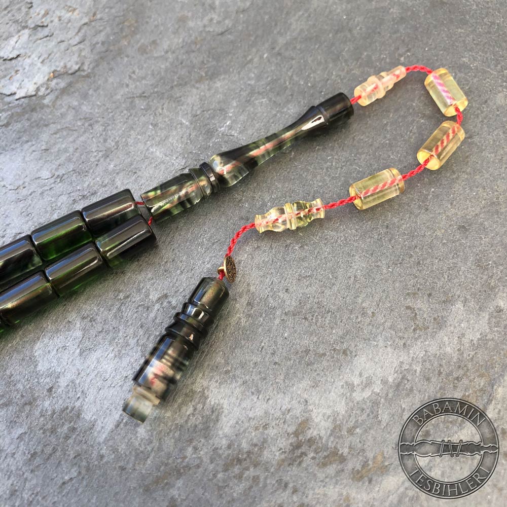 Yeşil süzme dizim 6,5×10,5mm sıkma kehribar kesme model tesbih