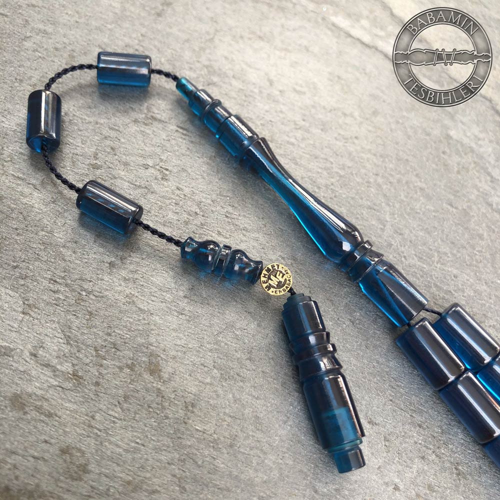 Petrol mavisi 6,5×10,5mm sıkma kehribar kesme model tesbih
