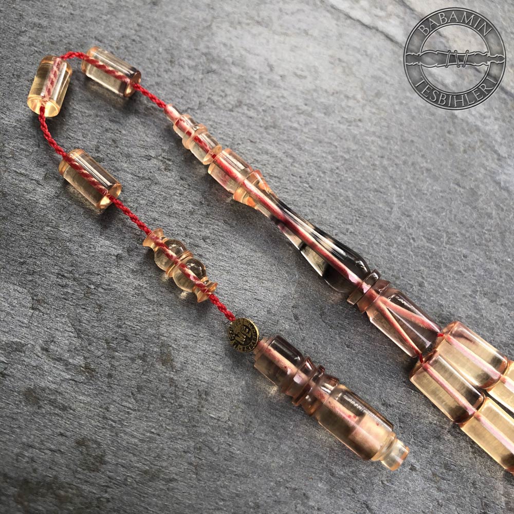 Kahverengi süzme dizim 6,5×10,5mm sıkma kehribar kesme model tesbih