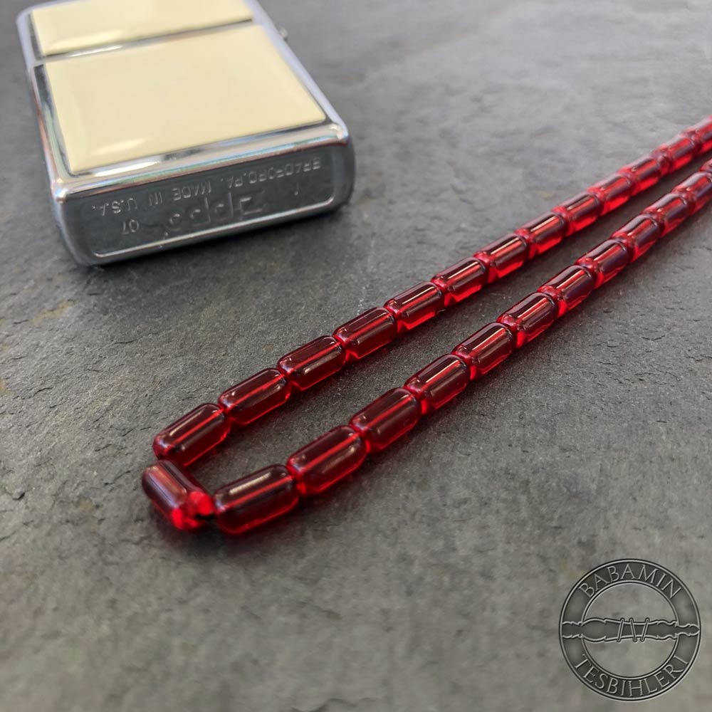 Kırmızı şeffaf delim 4x7mm kapsül model tesbih-Sıkma kehribar tesbih