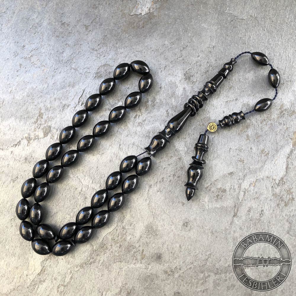 8x12mm Siyah Hakalı İmameli Beyzi Model Sıkma Kehribar Tesbih