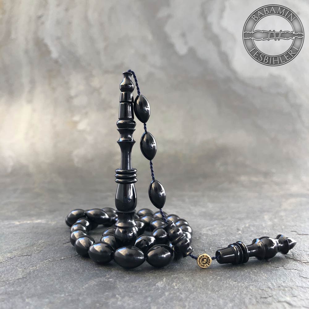 8x12mm Siyah Hakalı İmameli Beyzi Model Sıkma Kehribar Tesbih