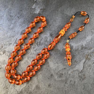 8x12mm Şeffaf Turuncu Hakalı İmameli Beyzi Model Sıkma Kehribar Tesbih