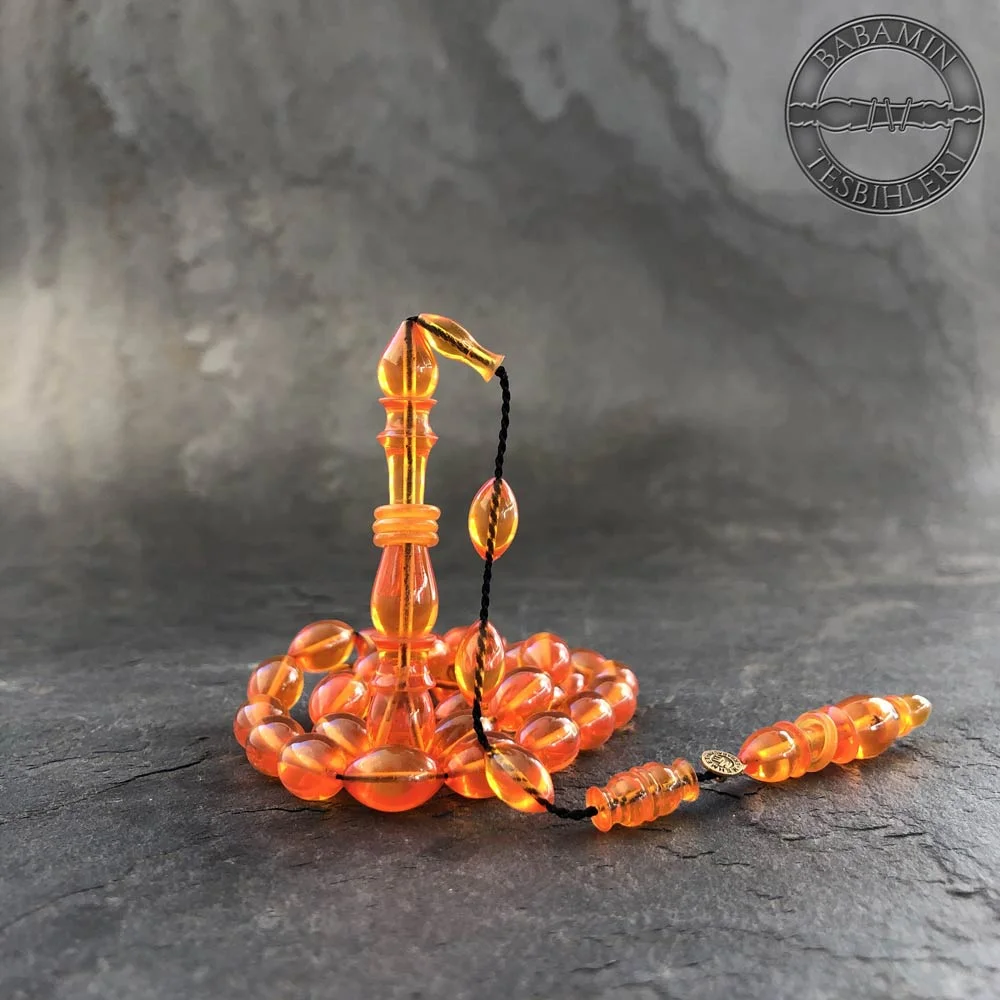 8x12mm Şeffaf Turuncu Hakalı İmameli Beyzi Model Sıkma Kehribar Tesbih
