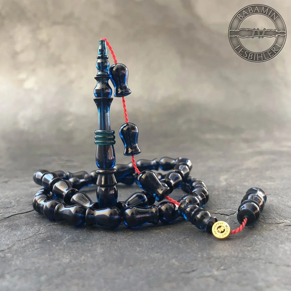 Lacivert 7x12mm lale model, sıkma kehribar tesbih