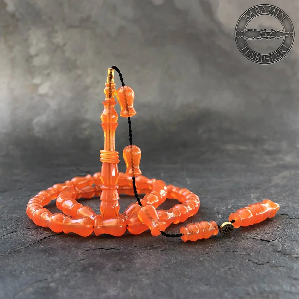 Turuncu 7x12mm lale model, sıkma kehribar tesbih