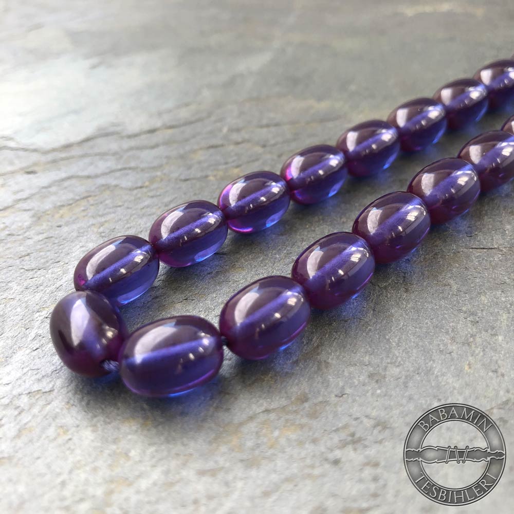 Mor 9x12mm sıkma kehribar tesbih-Eski osmanlı benzetmesi tesbih
