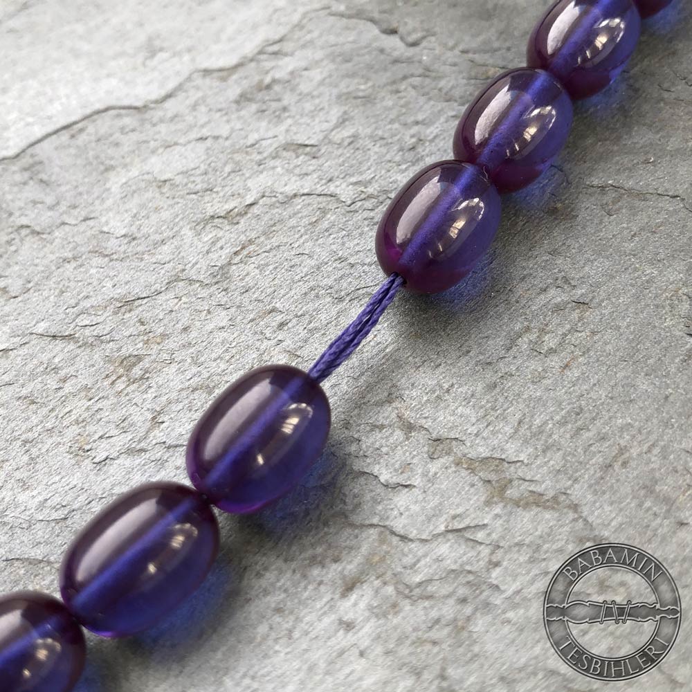 Mor 9x12mm sıkma kehribar tesbih-Eski osmanlı benzetmesi tesbih