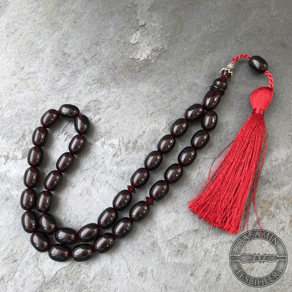 Bordo 9x12mm sıkma kehribar tesbih-Eski osmanlı benzetmesi tesbih