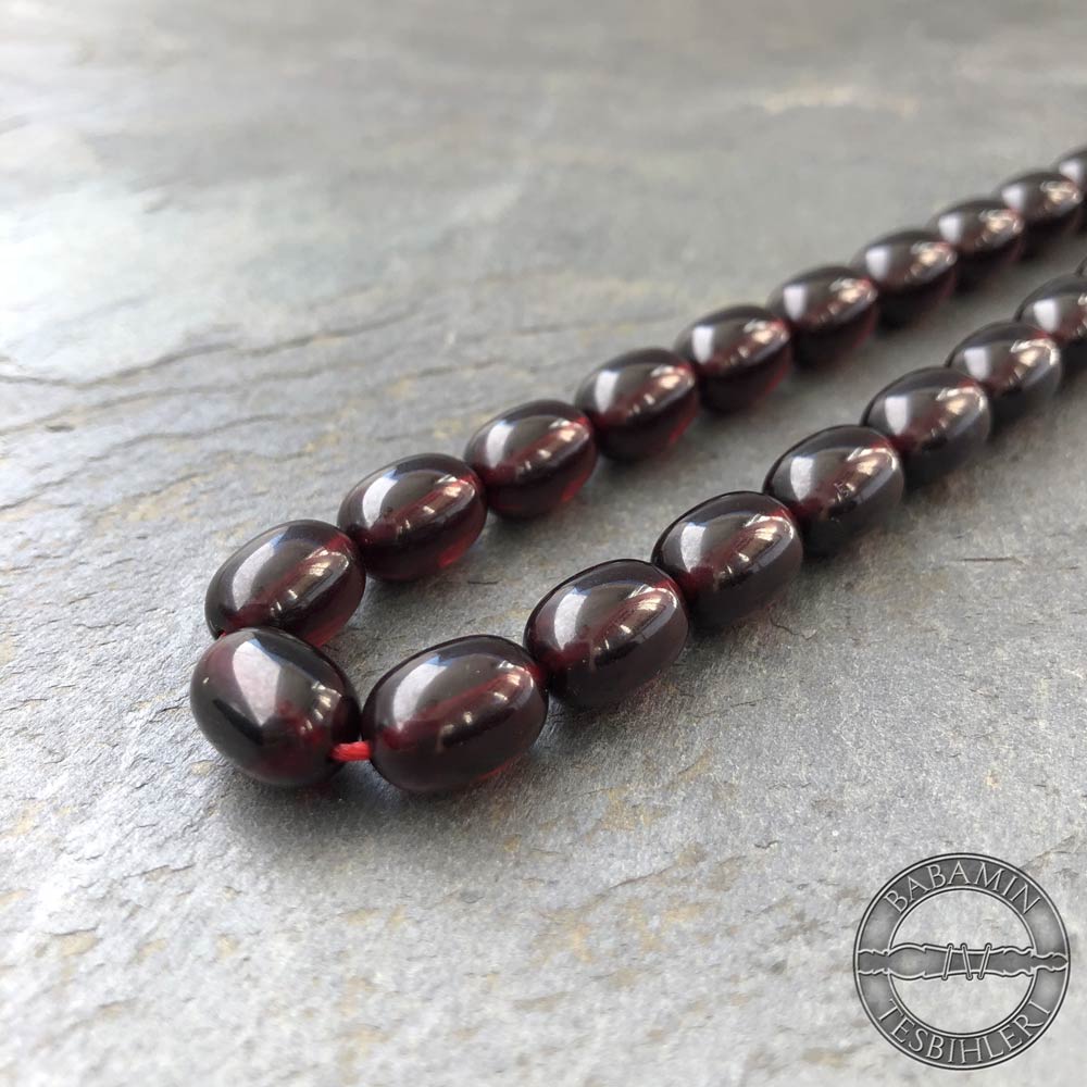 Bordo 9x12mm sıkma kehribar tesbih-Eski osmanlı benzetmesi tesbih