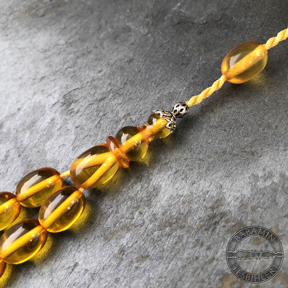 Şeffaf sarı 9x12mm sıkma kehribar tesbih-Eski osmanlı benzetmesi tesbih