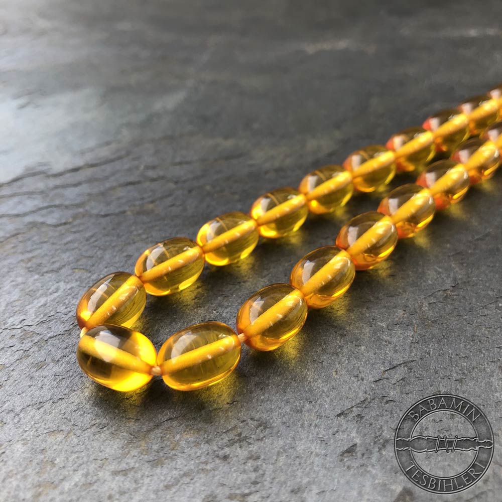 Şeffaf sarı 9x12mm sıkma kehribar tesbih-Eski osmanlı benzetmesi tesbih