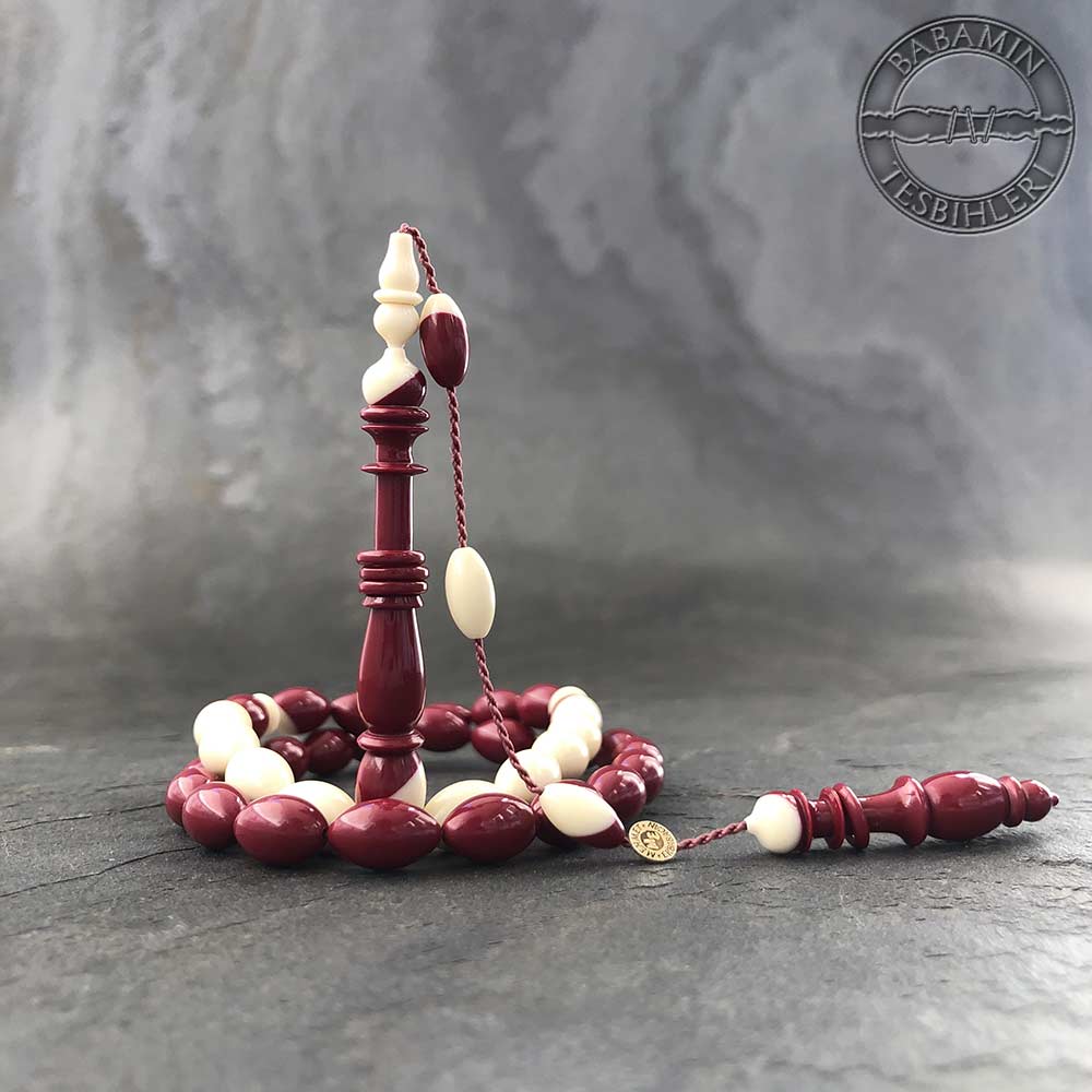 Bordo beyaz Bilardo Topu Halkalı İmame ve Hitameli Tesbih