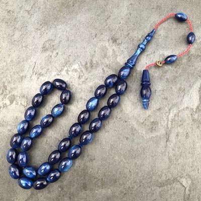 8x11mm Yaldızlı Mavi Siyah Yumurta Model Sıkma Kehribar Tesbih