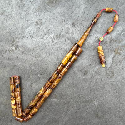 7x11mm Sarı-Kahve Hareli Sıkma Kehribar Kesme Model Tesbih