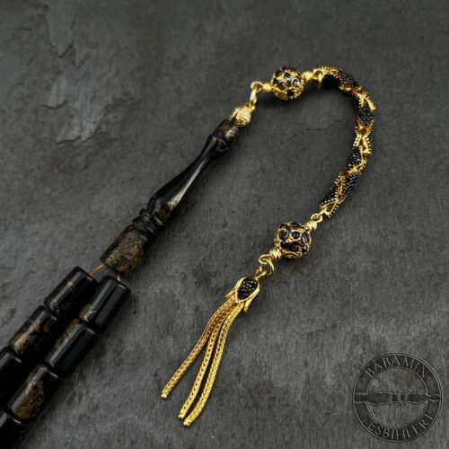 7x11mm Yaldızlı Siyah Kesme Model Arizona Katalin Gümüş Püsküllü Tesbih