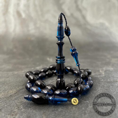 8x12mm Siyah Lacivert Hareli Beyzi Model Halkalı İmameli Tesbih
