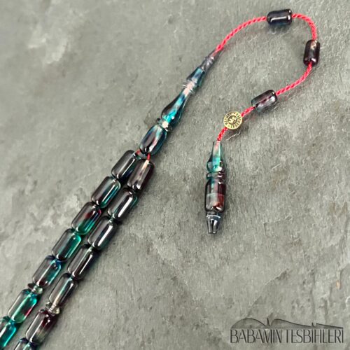 5,5×9,5mm Mor Yansımalı Mavi Hareli Sıkma Kehribar Kapsül Model Tesbih